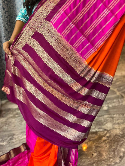 Mysore Semi Crepe 3D Elegant design - Orange with Pink and Marron (Copy)
