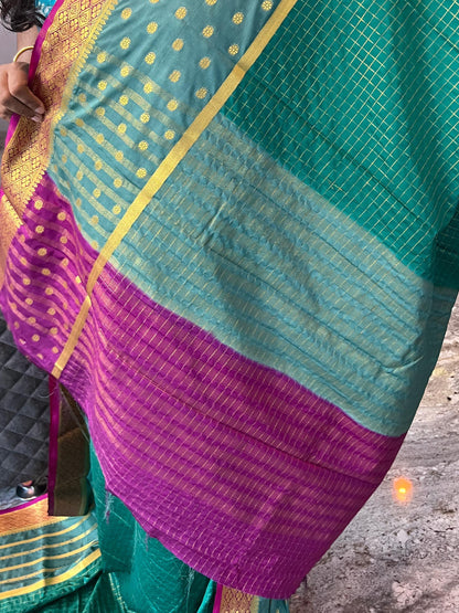 Mysore Semi Crepe 3D Elegant design - Rama Green with Sea Green and Pink
