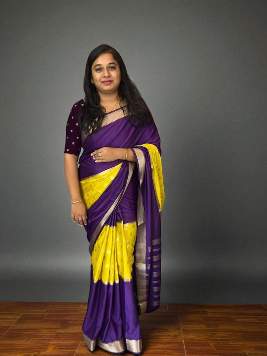 Premium Mysore Semi Crepe Elegant 2D design - Purple with Yellow