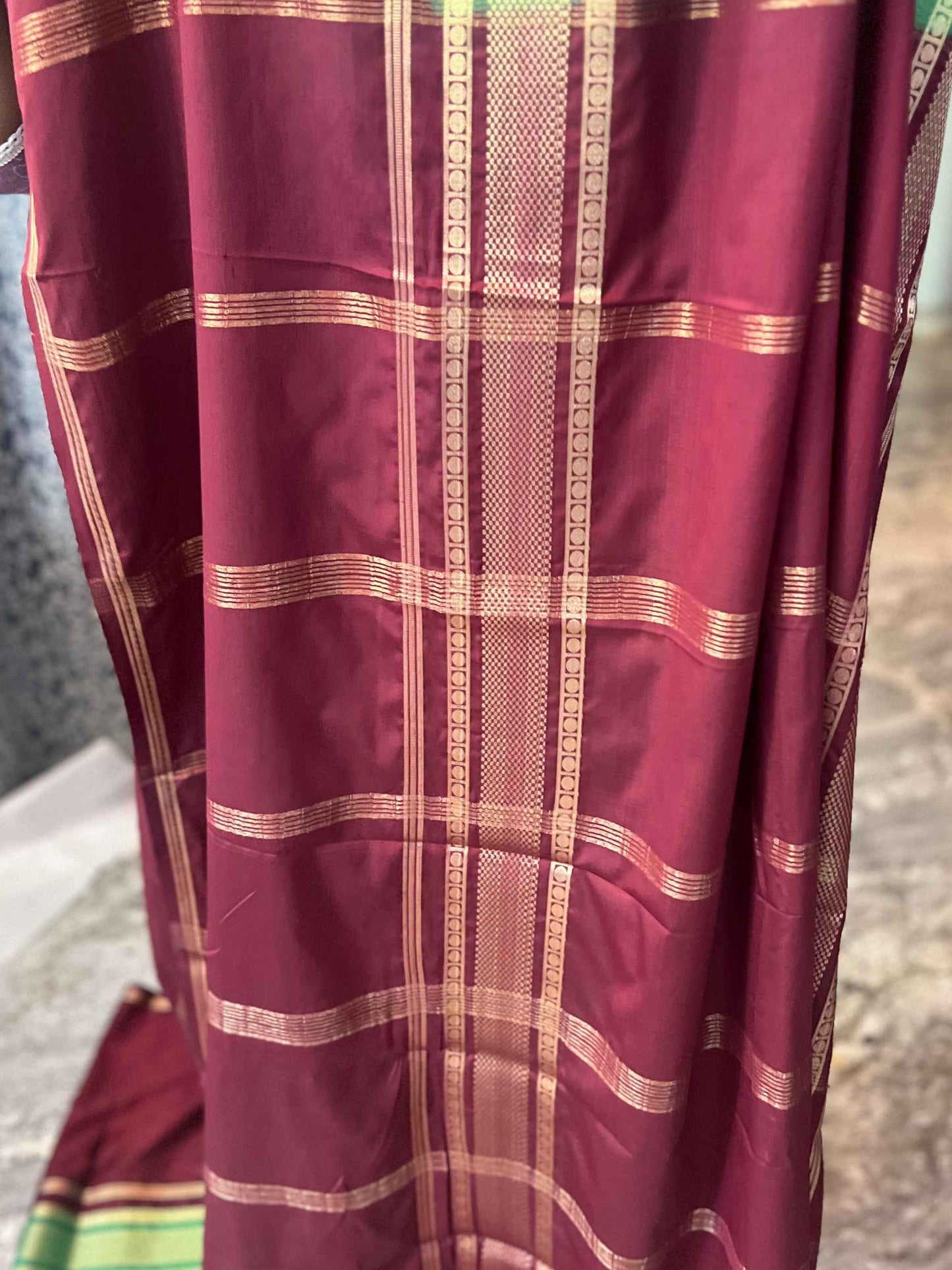 Premium Mysore Semi Crepe Elegant 4 line bentex 2D design - Orange with Brown