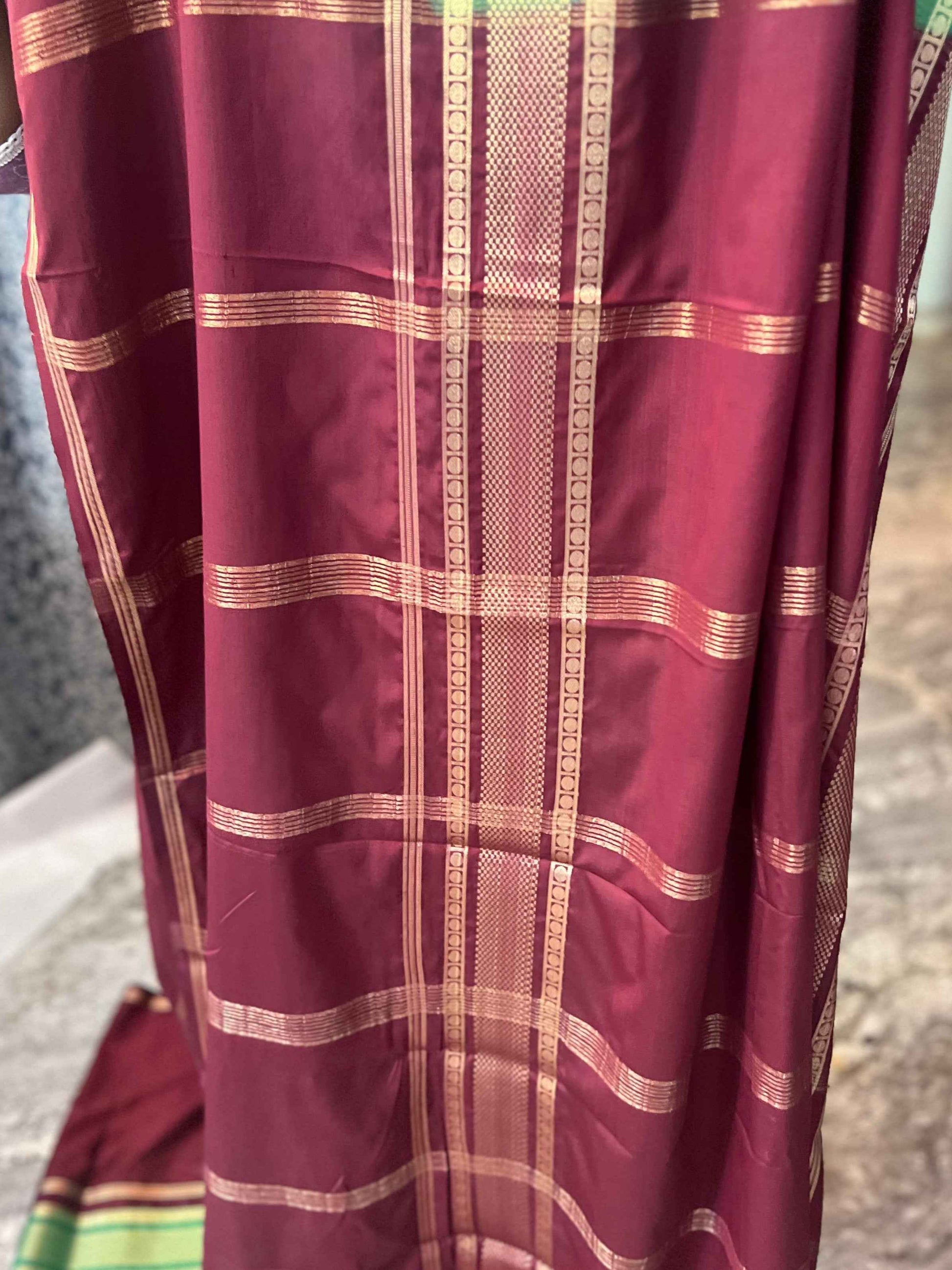 Premium Mysore Semi Crepe Elegant 4 line bentex 2D design - Orange with Brown