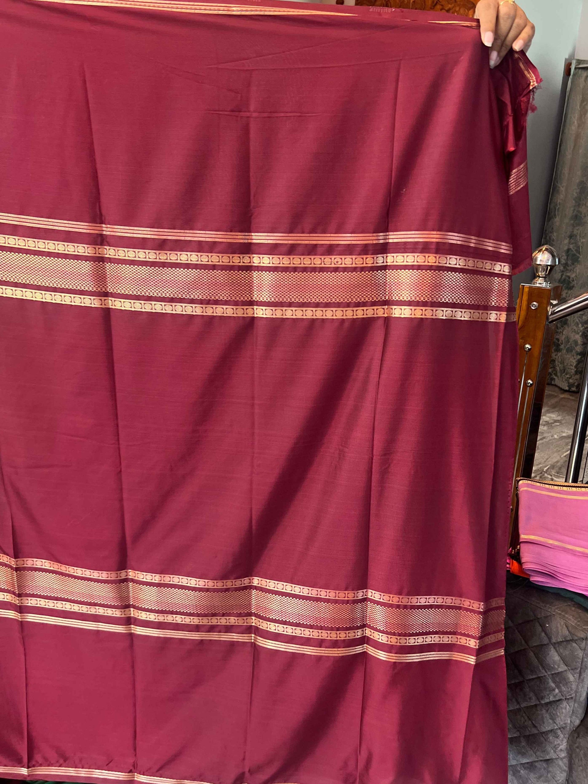 Premium Mysore Semi Crepe Elegant 4 line bentex 2D design - Orange with Brown