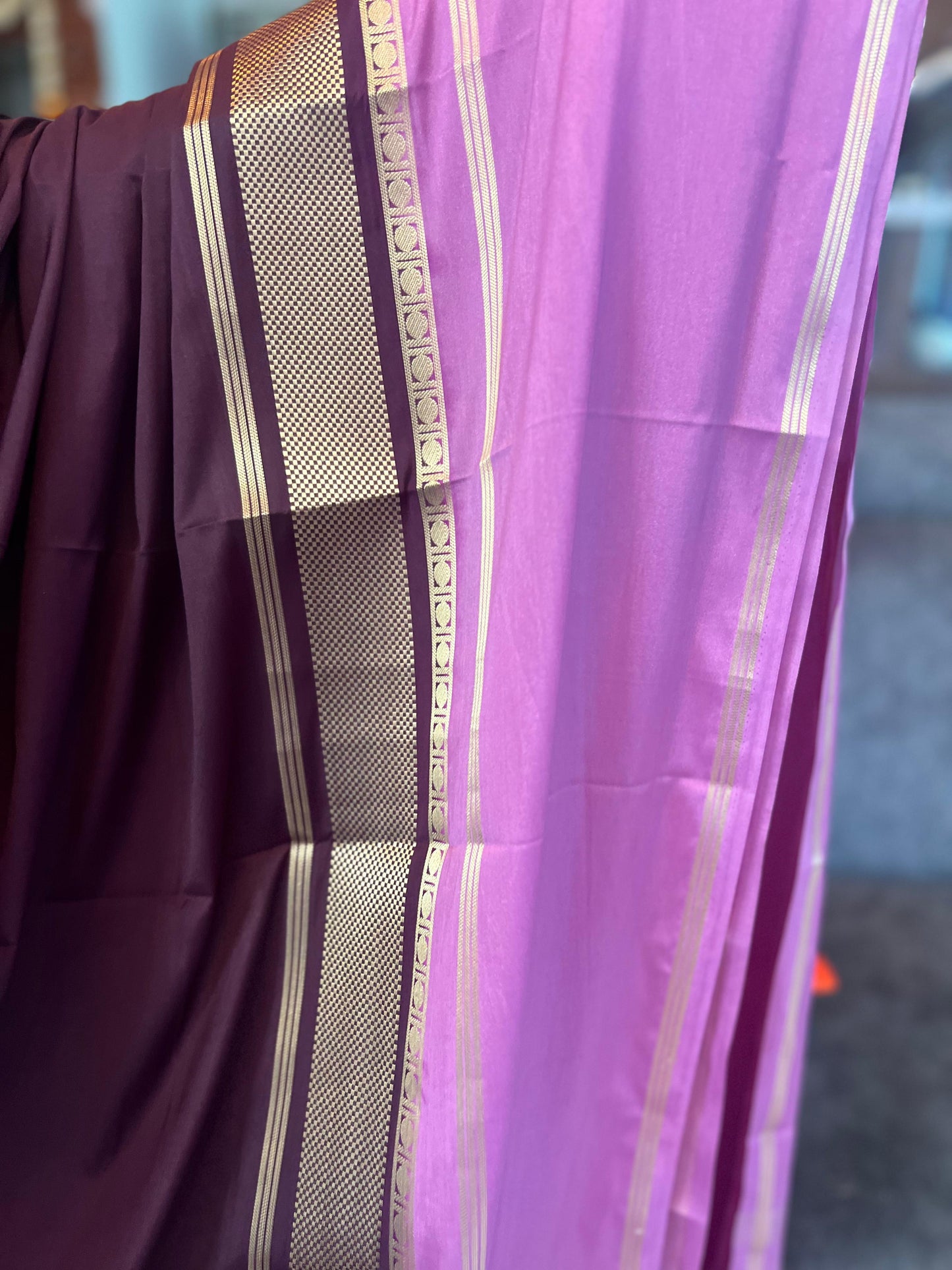 Premium Mysore Semi Crepe Elegant 4 line bentex 2D design - Brown with Pink