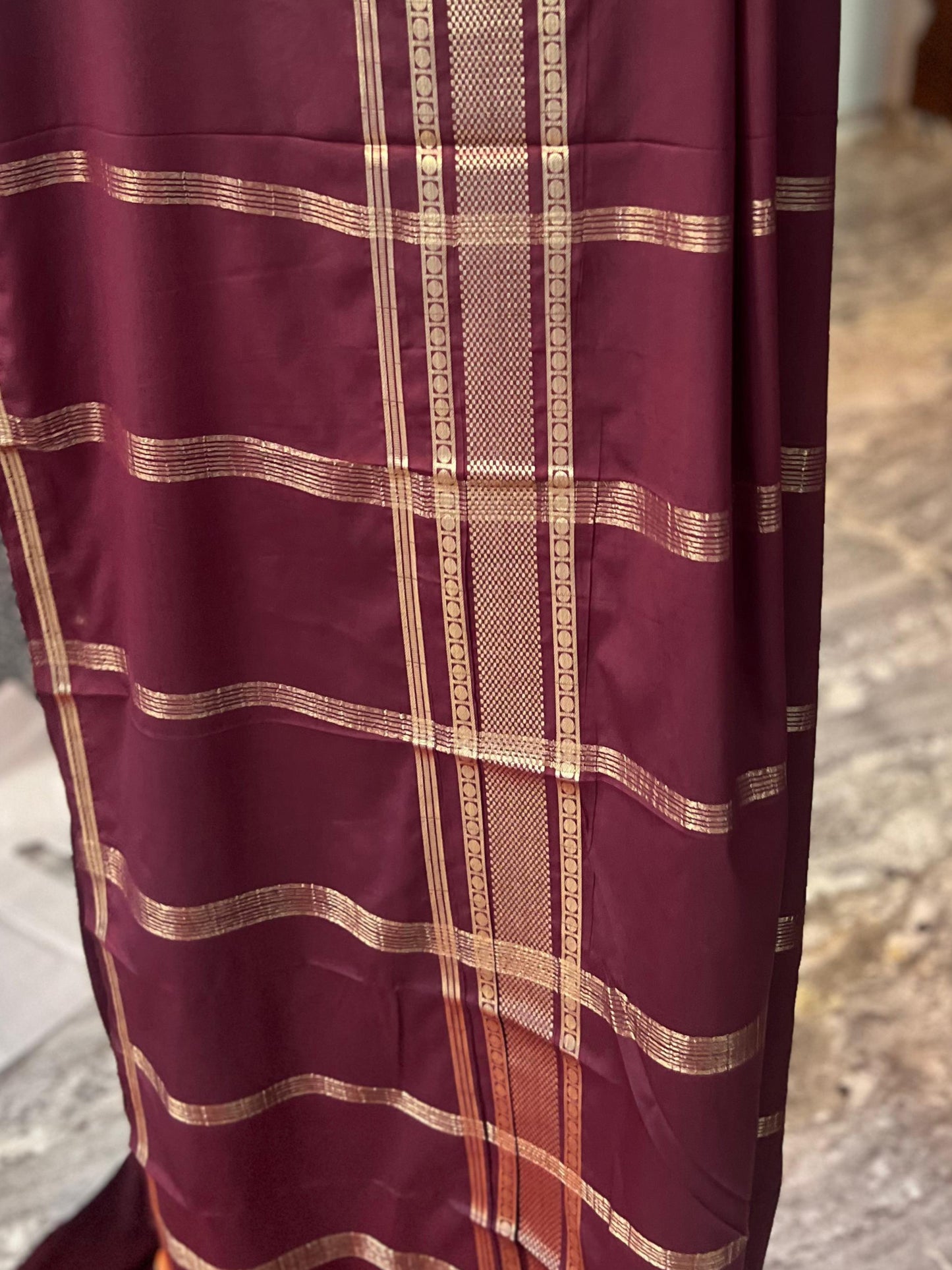 Premium Mysore Semi Crepe Elegant 4 line bentex 2D design - Orange with Brown