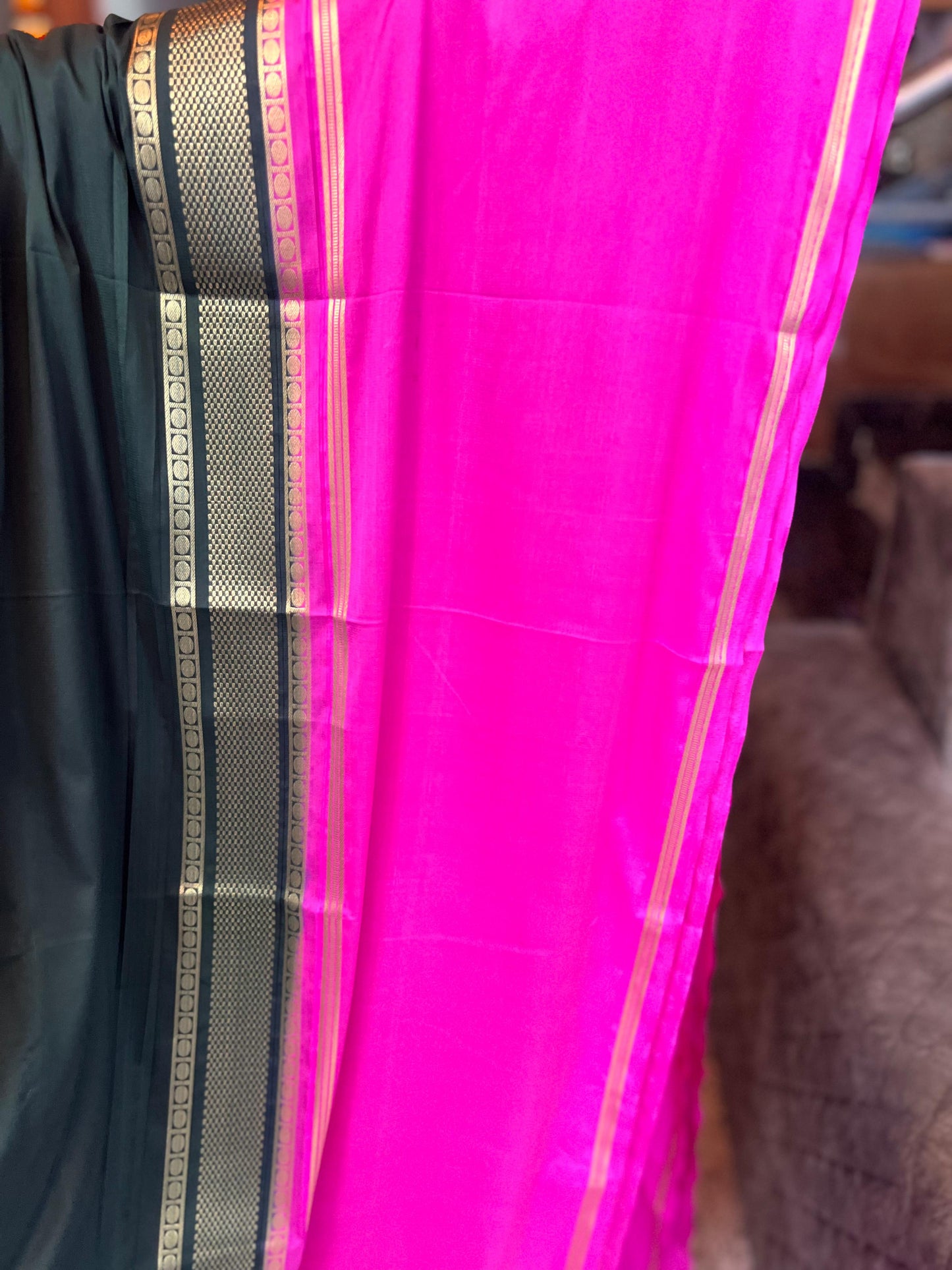 Premium Mysore Semi Crepe Elegant 4 line bentex 2D design - Bottle Green with Pink