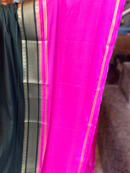 Premium Mysore Semi Crepe Elegant 4 line bentex 2D design - Bottle Green with Pink
