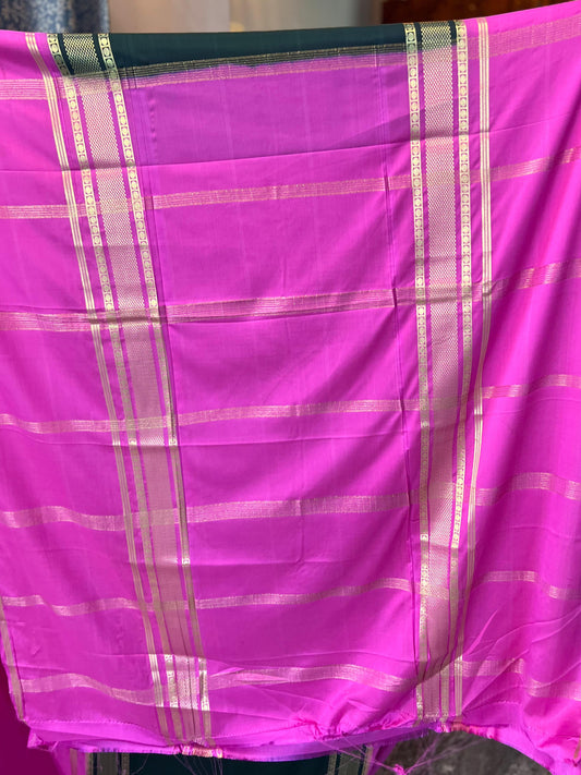 Premium Mysore Semi Crepe Elegant 4 line bentex 2D design - Bottle Green with Pink
