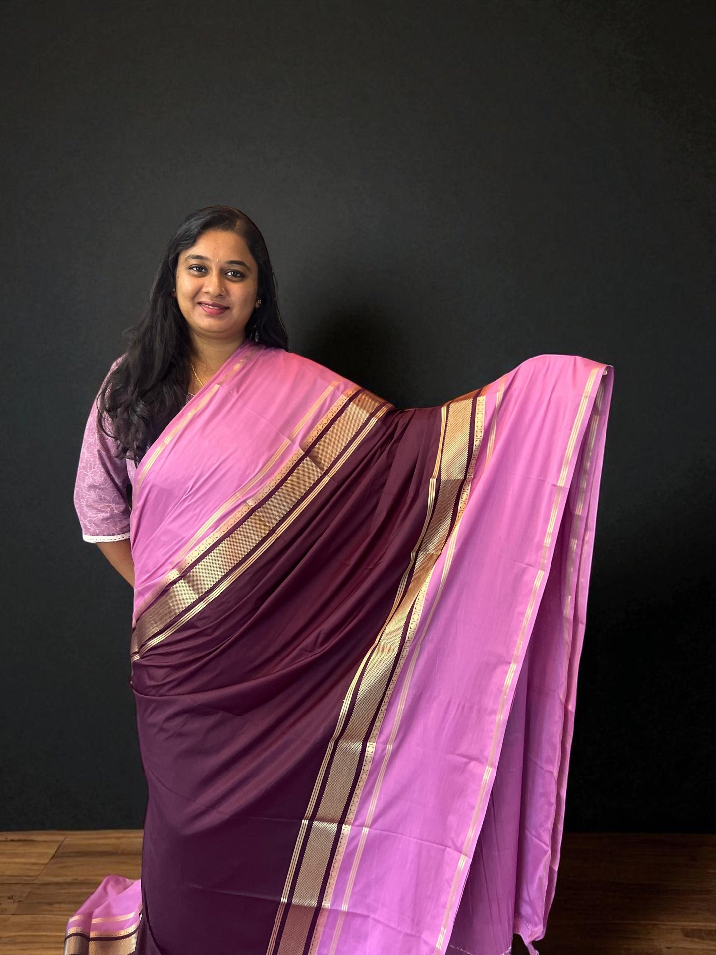 Premium Mysore Semi Crepe Elegant 4 line bentex 2D design - Brown with Pink