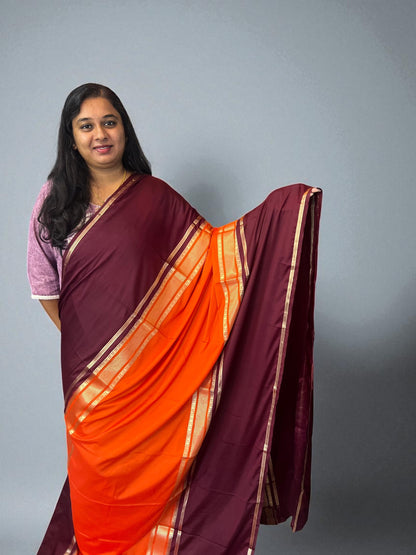 Premium Mysore Semi Crepe Elegant 4 line bentex 2D design - Orange with Brown