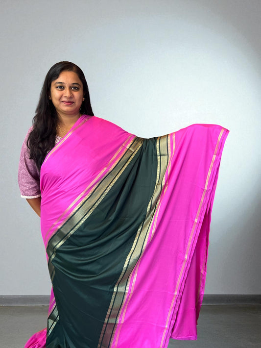 Premium Mysore Semi Crepe Elegant 4 line bentex 2D design - Bottle Green with Pink