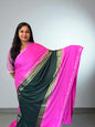 Premium Mysore Semi Crepe Elegant 4 line bentex 2D design - Bottle Green with Pink