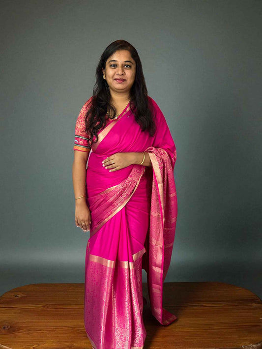 Premium Mysore Semi Crepe Half & Half Brocade - Pink (Copy)