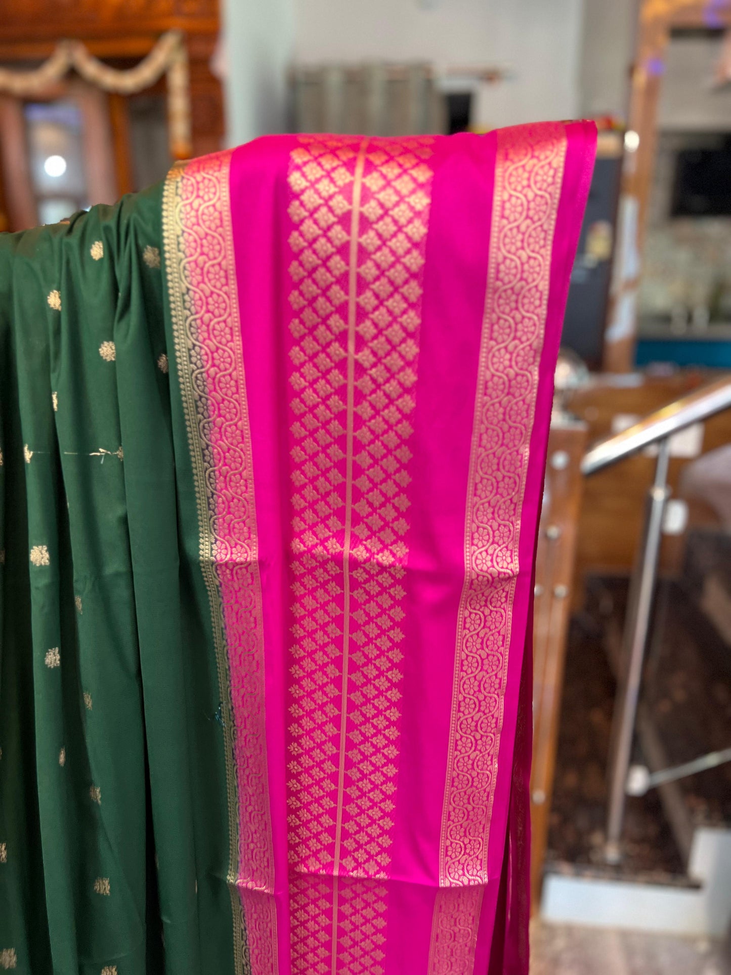 Premium Mysore Semi Crepe 2D Unique Border - Bottle Green with Pink
