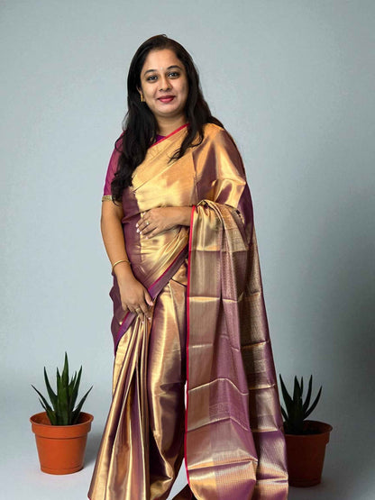 Handloom Semi Kanchi Tissue - Purplish Gold with Red Piping