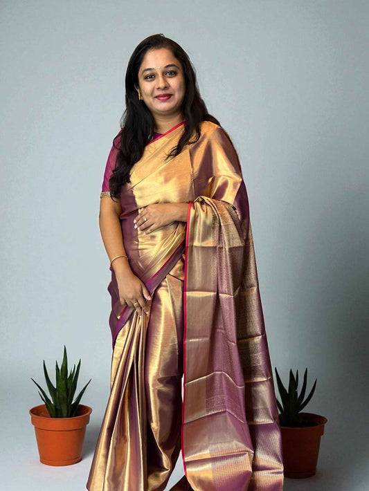 Handloom Semi Kanchi Tissue - Purplish Gold with Red Piping