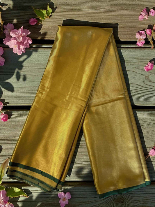 Handloom Semi Kanchi Tissue - Gold with Green Piping