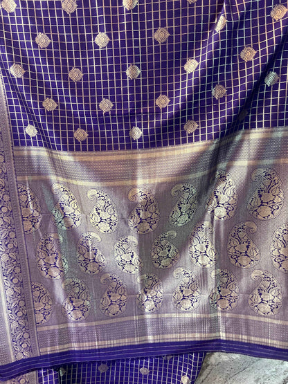 Premium Banarasi Crepe Dark Purple Checks with Butta - Elegant Indian Fabric - Craft Of Aele