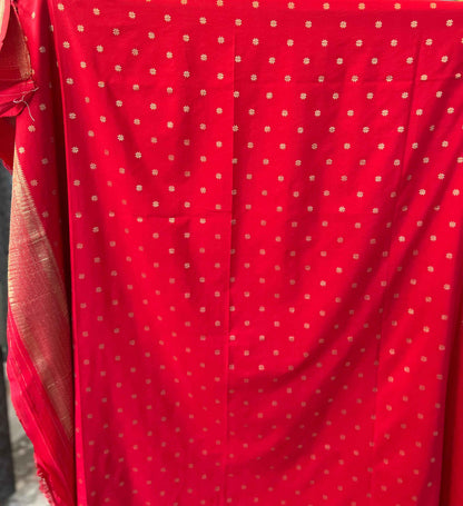 Premium Banarasi Crepe Red Fabric with Checks and Butta Design - Craft Of Aele