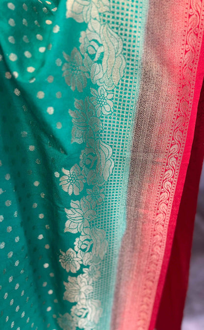Premium Georgette Green Red Butta Fabric - Craft Of Aele