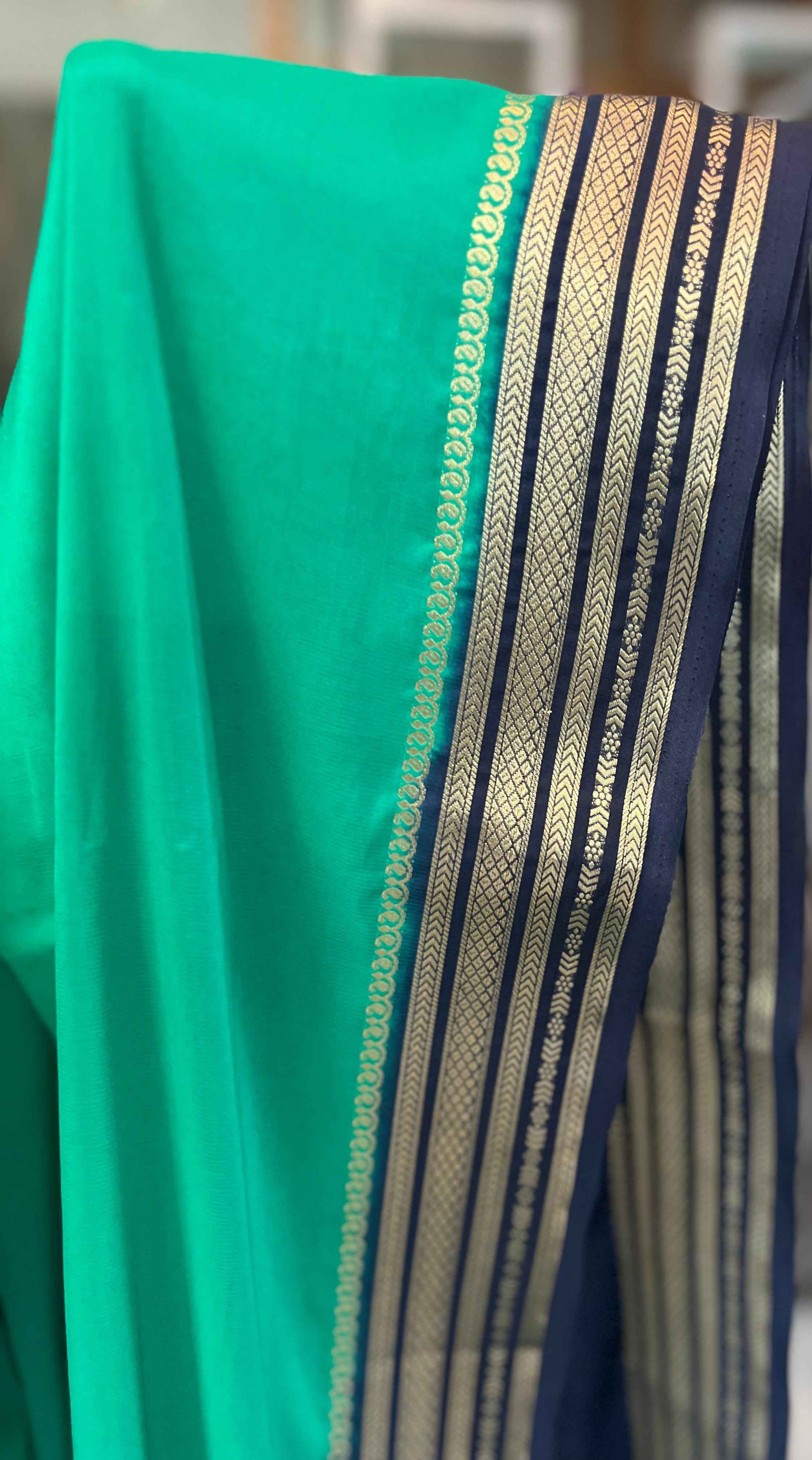 Semi Crepe Fabric - Elegant and Versatile Small Border in Green Navy Blue - Craft Of Aele
