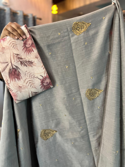 Raw Silk Gray Blouse with Elegant White Design for Fashion Forward Style - Craft Of Aele