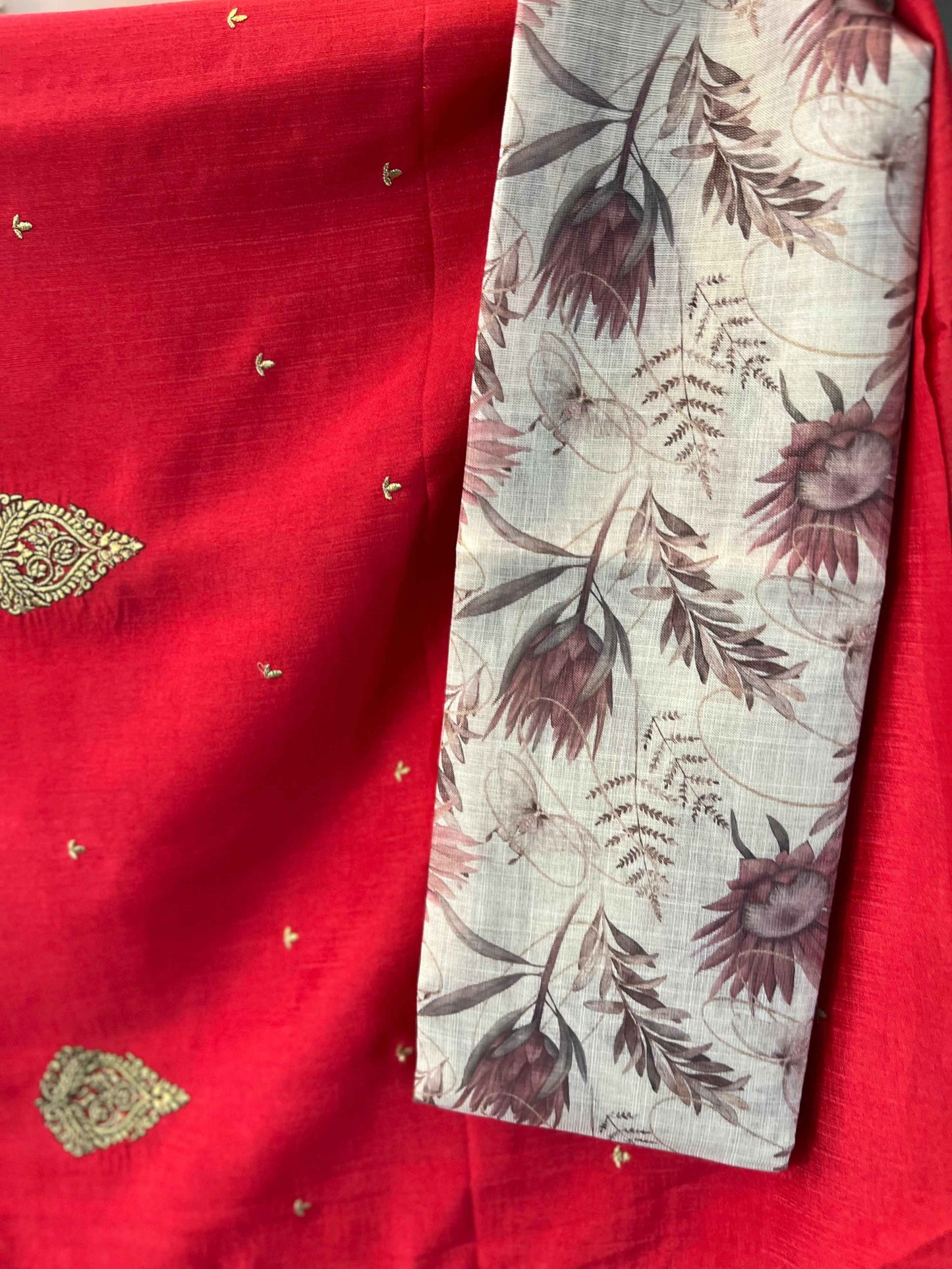 Raw Silk Red with Cream Blouse - Luxurious Elegance for Every Occasion - Craft Of Aele