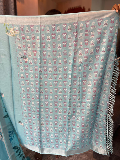 Soft Cotton Saree - Light Blue - Craft Of Aele