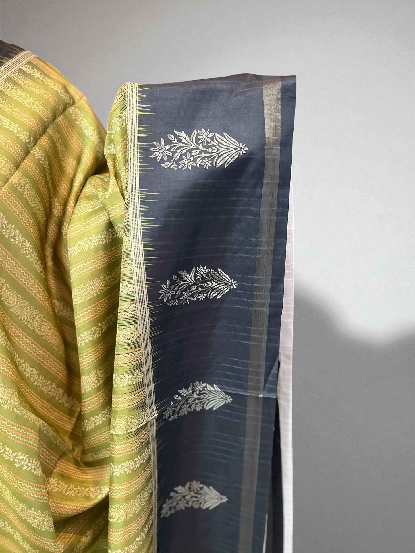 Soft Silk Saree Olive Green with Black Elegance - Craft Of Aele