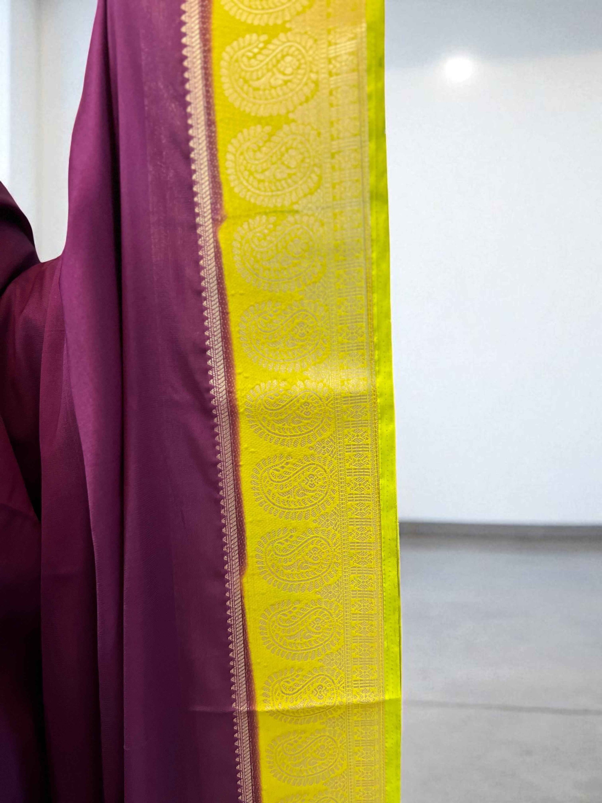 Semi Crepe Fabric with Mango Border - Wine and Neon Green Design - Craft Of Aele