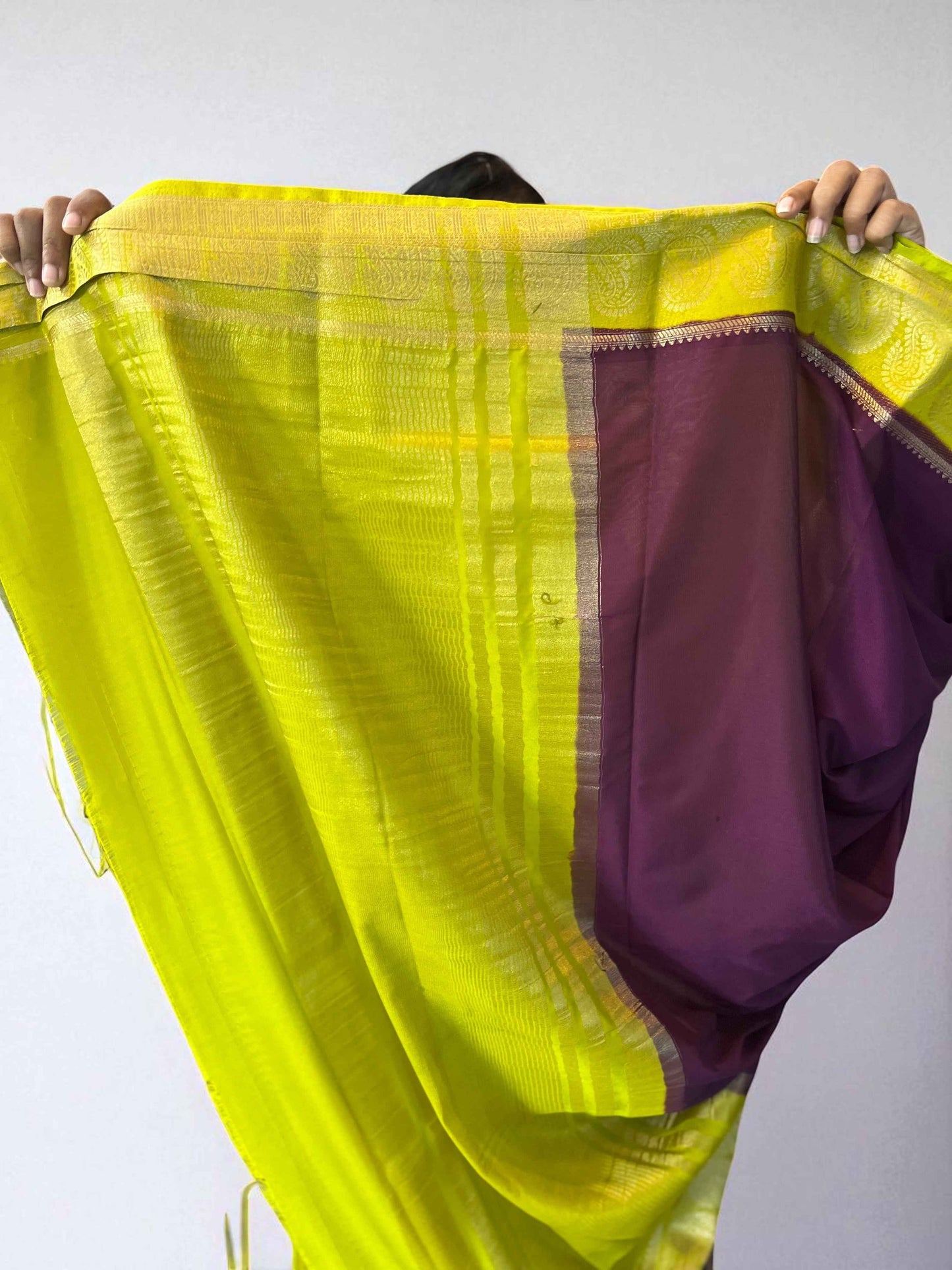 Semi Crepe Fabric with Mango Border - Wine and Neon Green Design - Craft Of Aele