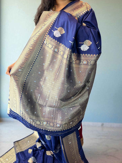 Banarasi Crepe Fabric with Golden and Silver Leaf Butta in Navy Blue Shade - Craft Of Aele