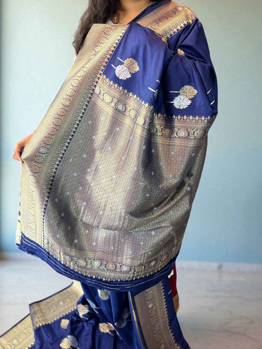 Banarasi Crepe Fabric with Golden and Silver Leaf Butta in Navy Blue Shade - Craft Of Aele