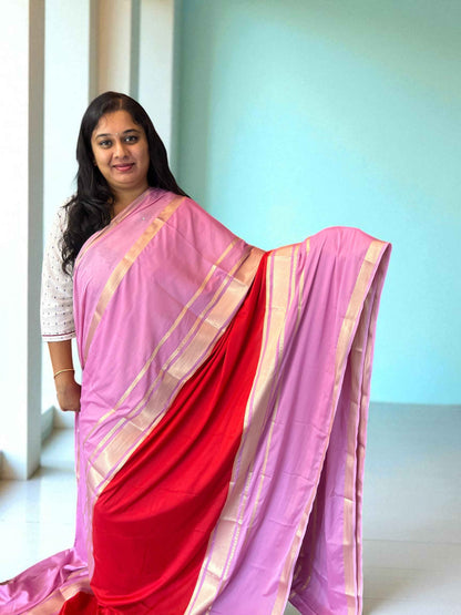 Mysore Semi Crepe Saree - Red with Pink Big Bentex Border - Craft Of Aele