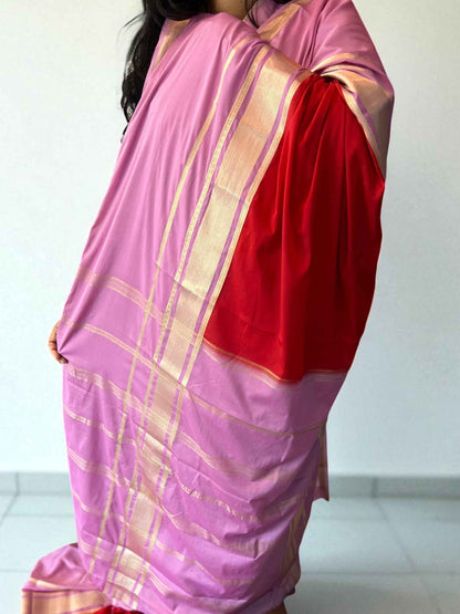 Mysore Semi Crepe Saree - Red with Pink Big Bentex Border - Craft Of Aele