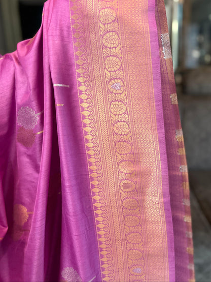 Banarasi Crepe Pink Shade with Golden and Silver Leaf Butta - Craft Of Aele