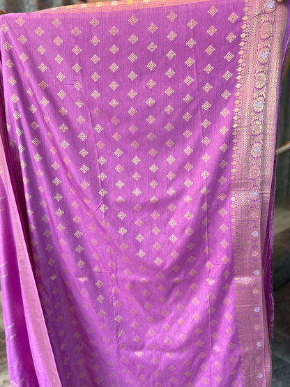 Banarasi Crepe Pink Shade with Golden and Silver Leaf Butta - Craft Of Aele