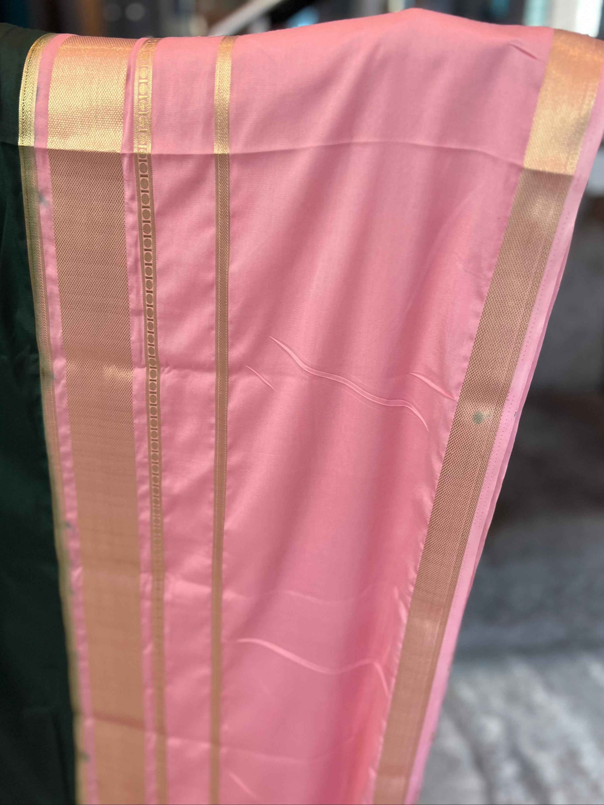 Mysore Semi Crepe Saree Bottle Green with Pink Big Bentex Border - Craft Of Aele