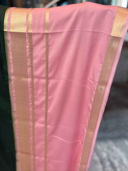 Mysore Semi Crepe Saree Bottle Green with Pink Big Bentex Border - Craft Of Aele