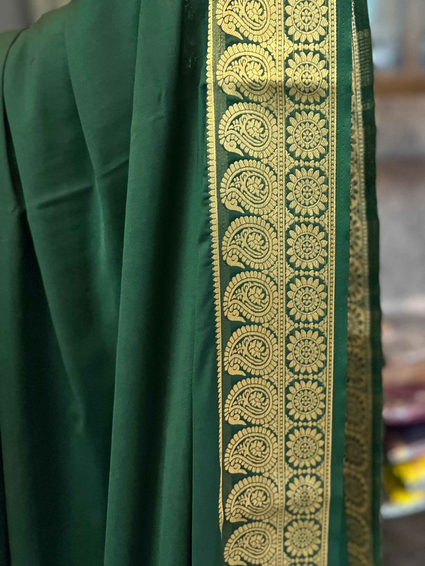 Mysore Semi Crepe Saree with Mango Border in Bottle Green - Craft Of Aele