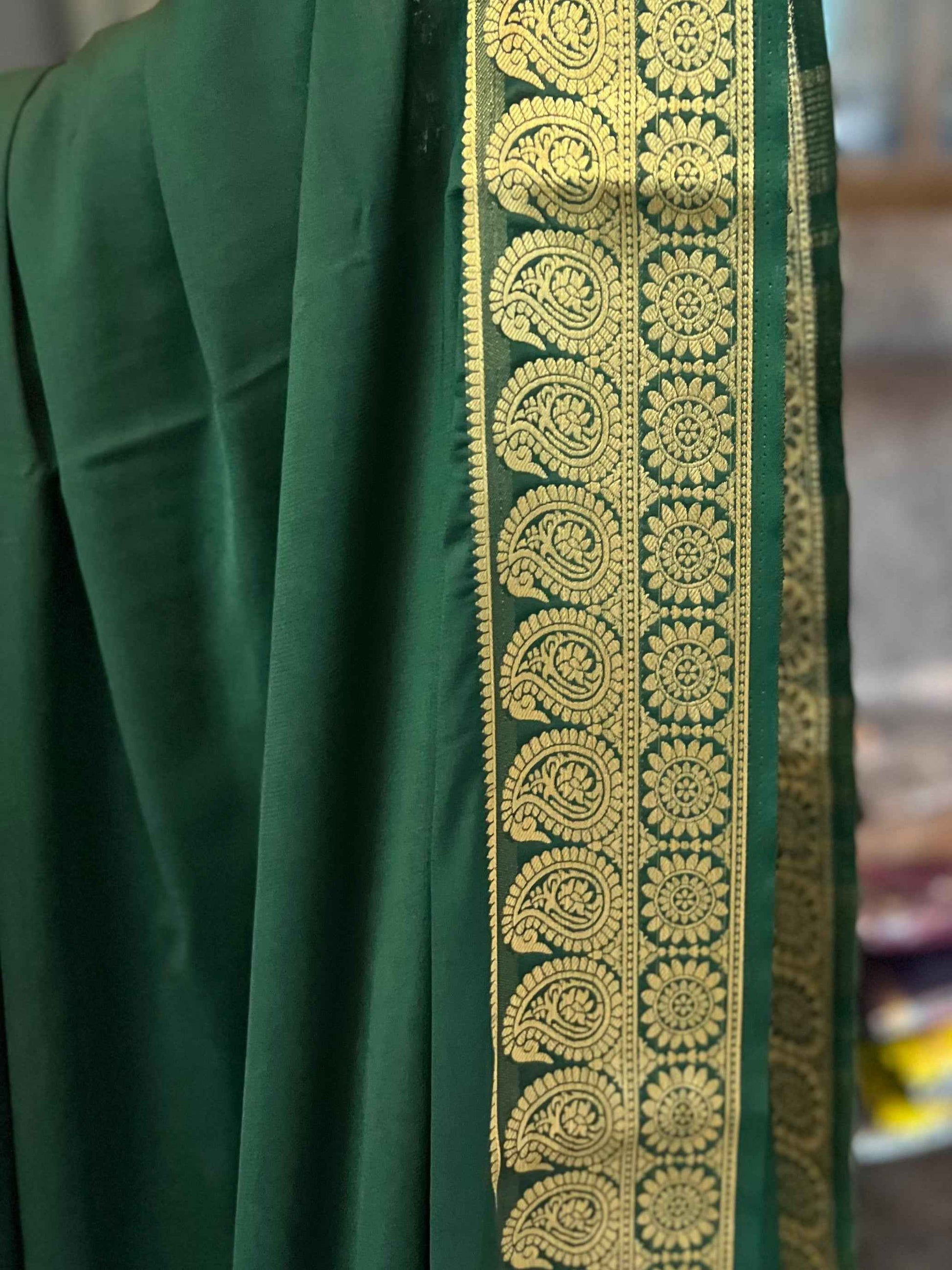 Mysore Semi Crepe Saree with Mango Border in Bottle Green - Craft Of Aele