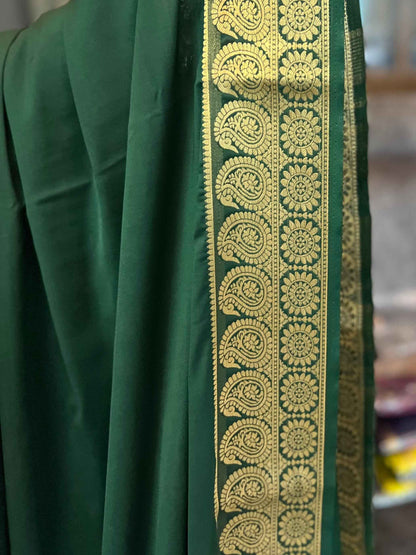 Mysore Semi Crepe Saree with Mango Border in Bottle Green - Craft Of Aele