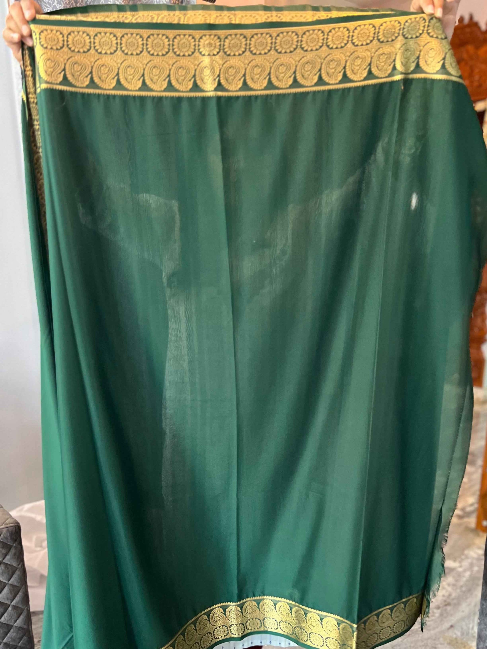 Mysore Semi Crepe Saree with Mango Border in Bottle Green - Craft Of Aele