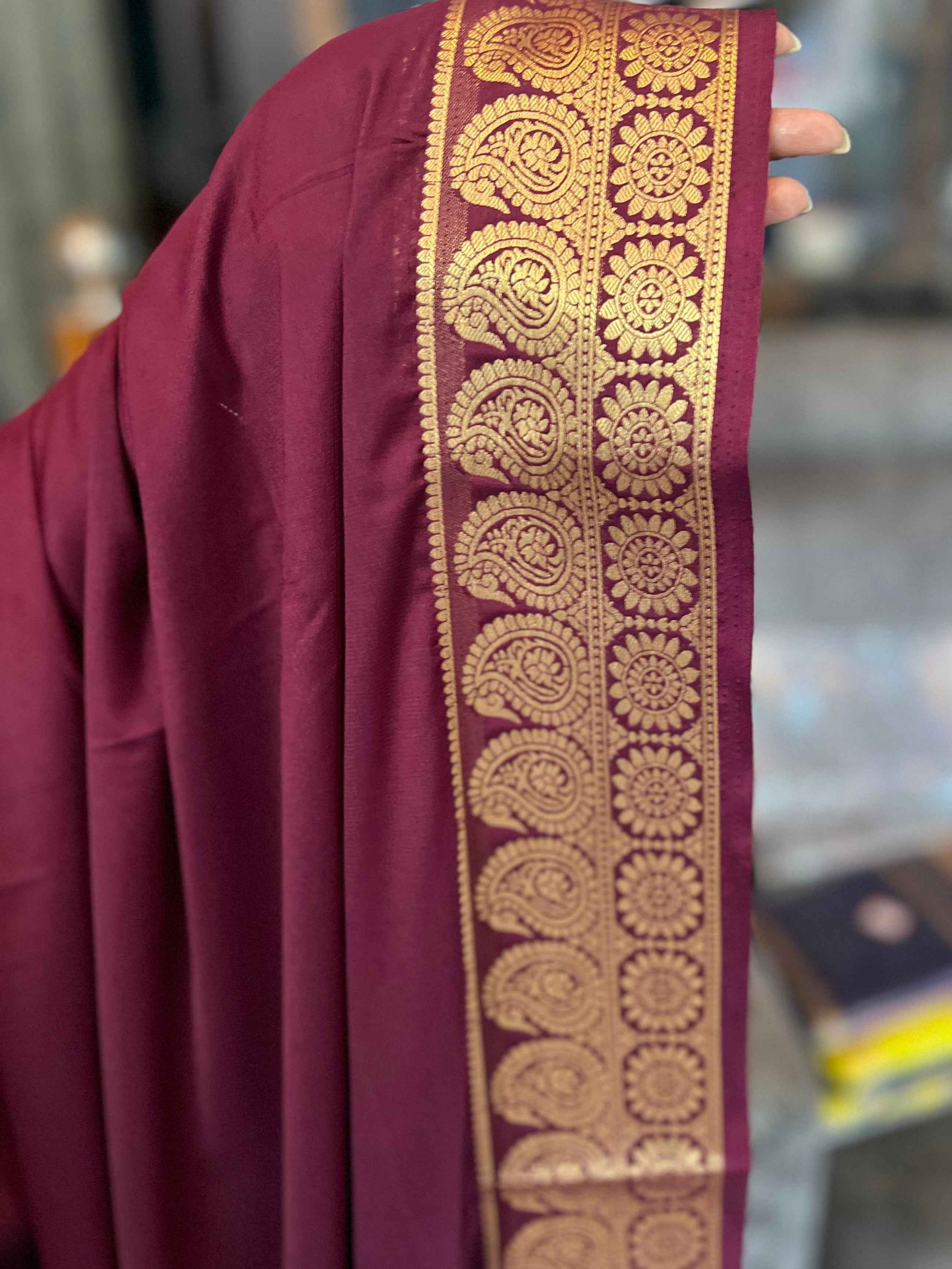Mysore Semi Crepe Saree Wine Color with Mango Border - Craft Of Aele