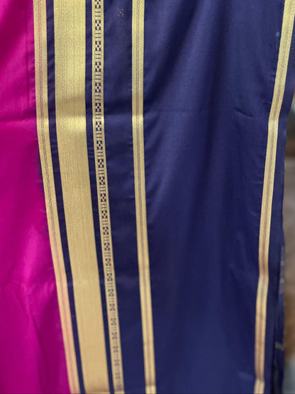 Mysore Semi Crepe Saree with Big Bentex Border in Pink and Navy Blue - Craft Of Aele