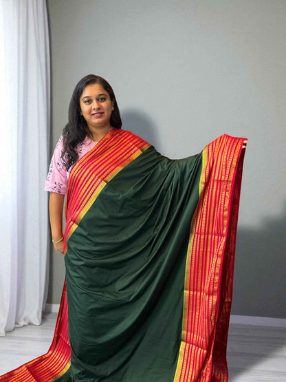 Semi Crepe Fabric - Elegant and Versatile Kanchi Border in Bottle Green and Red - Craft Of Aele