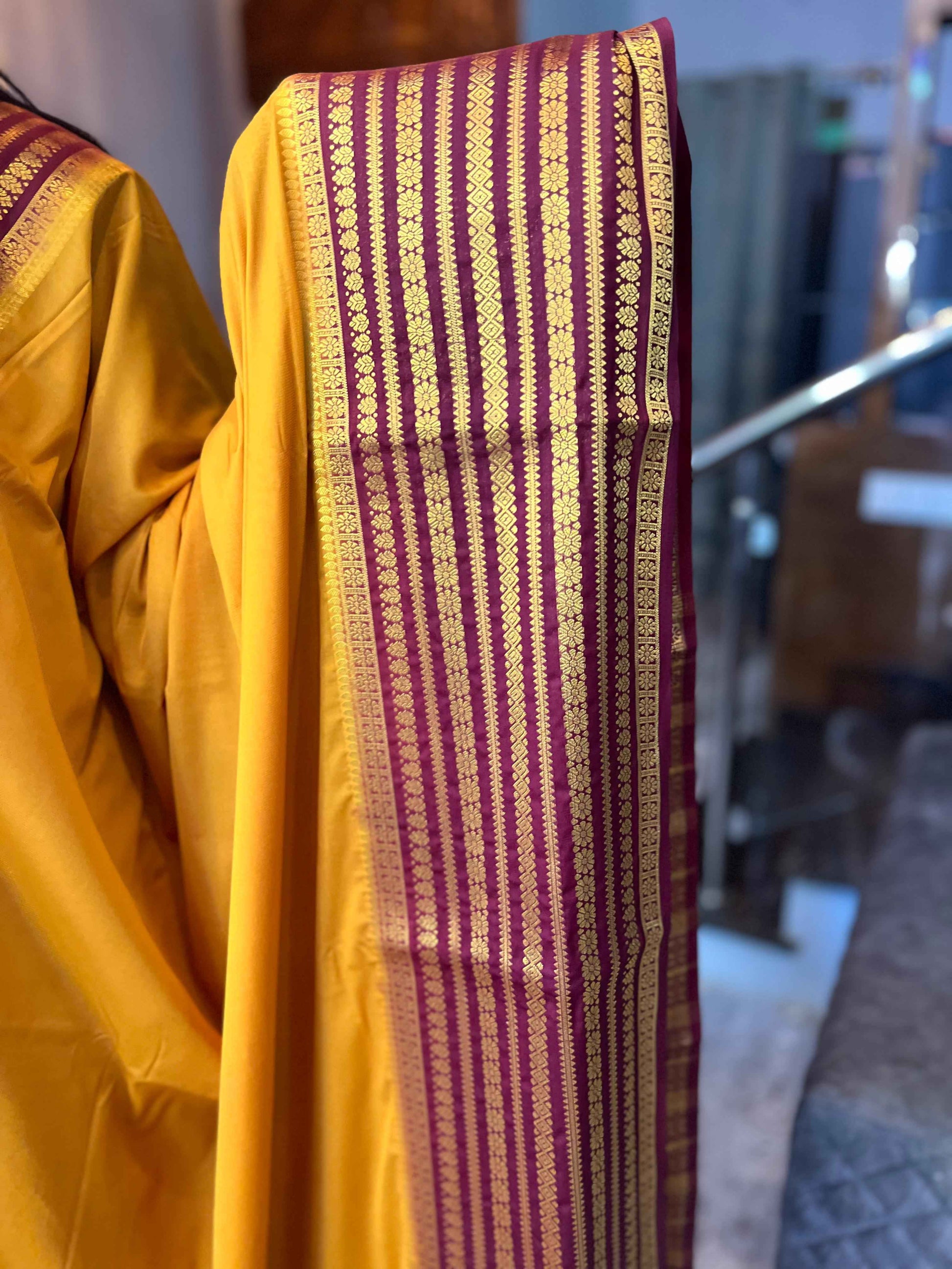 Semi Crepe Fabric - Elegant and Versatile Kanchi Border in Mustard Yellow and Brown - Craft Of Aele