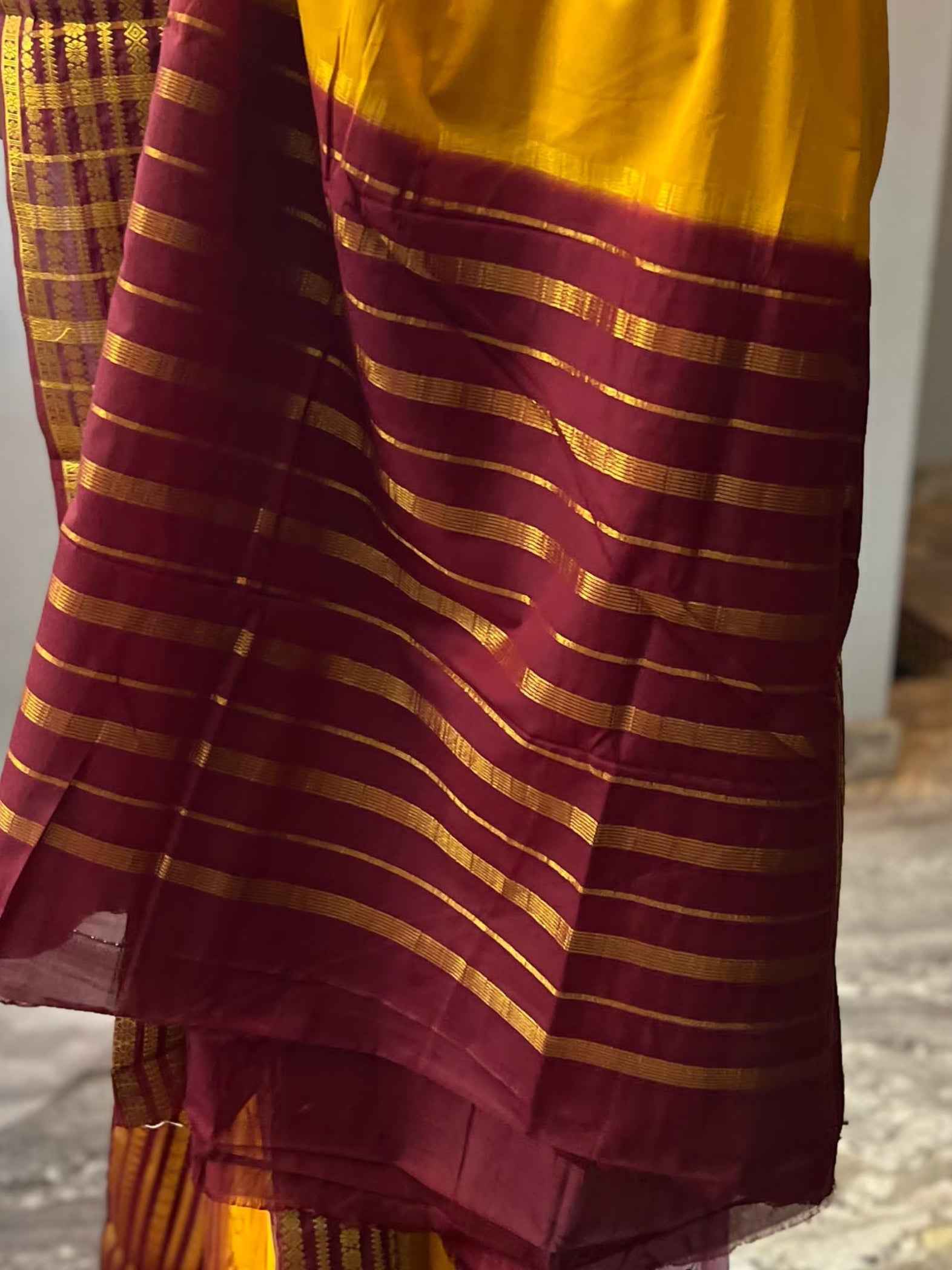 Semi Crepe Fabric - Elegant and Versatile Kanchi Border in Mustard Yellow and Brown - Craft Of Aele
