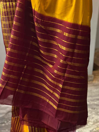 Semi Crepe Fabric - Elegant and Versatile Kanchi Border in Mustard Yellow and Brown - Craft Of Aele