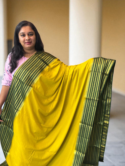 Semi Crepe Fabric - Elegant and Versatile Kanchi Border in Lemon Yellow and Bottle Green - Craft Of Aele