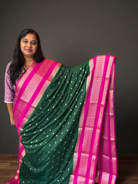 Premium Mysore Semi Crepe 2D Unique Border - Bottle Green with Pink